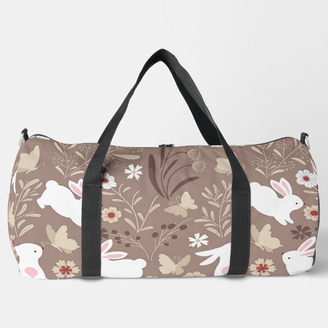 Cute Folk Art Bunny and Flowers Duffle Bag (Front)