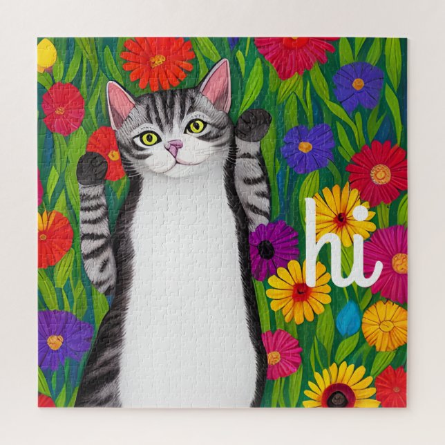 Cute Folk Art Cat saying Hi among Flowers Jigsaw Puzzle (Vertical)