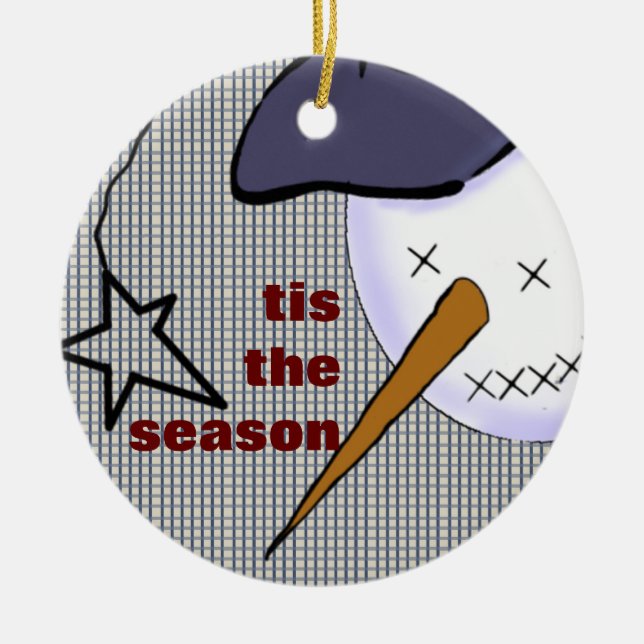 Cute Folk Art Cowboy Snowman Ceramic Tree Decoration (Front)