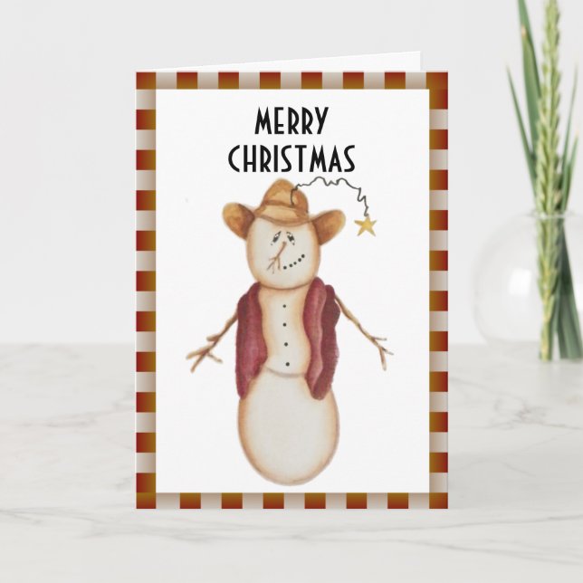 Cute Folk Art Cowboy Snowman Christmas Holiday Card (Front)