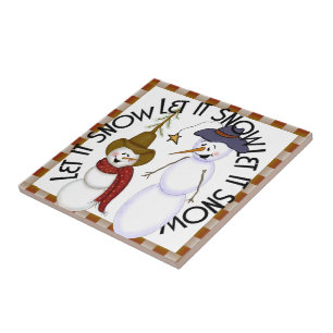 Cute Folk Art Cowboy Snowman Christmas Tile