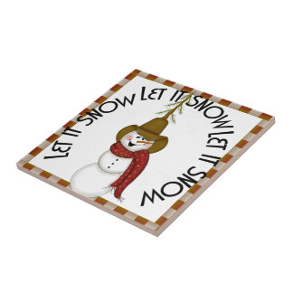 Cute Folk Art Cowboy Snowman Christmas Tile