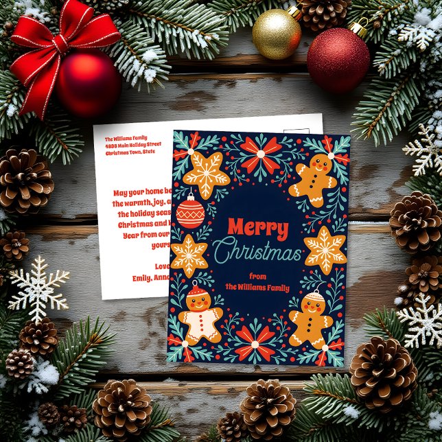 Cute Folk Art Gingerbread and Foliage Christmas Holiday Postcard (Creator Uploaded)