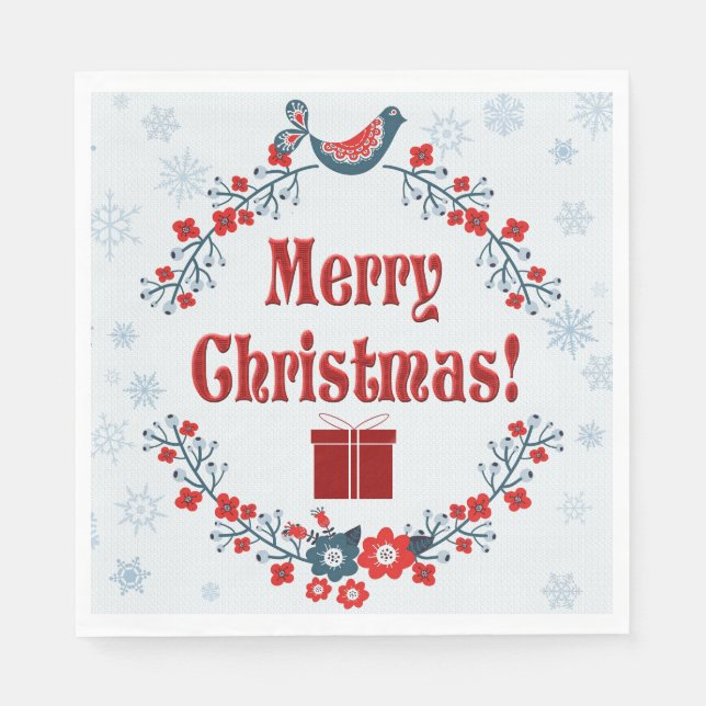Cute Folk Art Merry Christmas Wreath Napkin (Front)