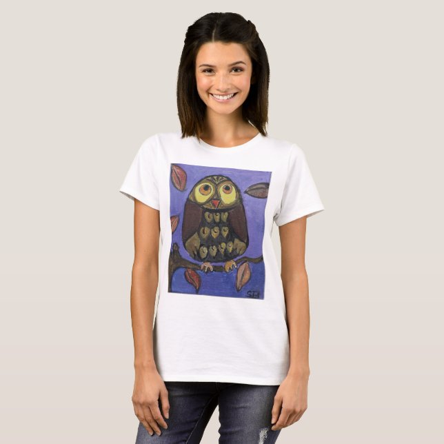 Cute Folk Art Owl Bird Painting T-Shirt (Front Full)