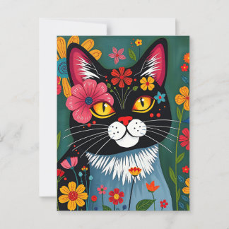 Cute Folk Art Whimsical Cat and Flowers Postcard