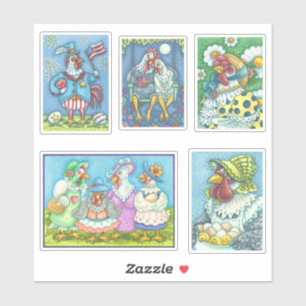 CUTE FOLK ART WHIMSICAL CHICKEN AND HEN STICKERS