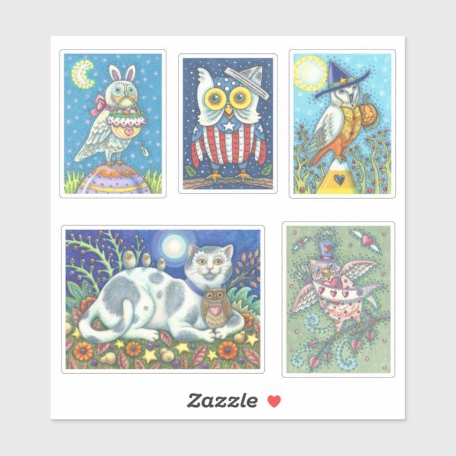 CUTE FOLK ART WHIMSICAL HOLIDAY OWL STICKERS (Sheet)