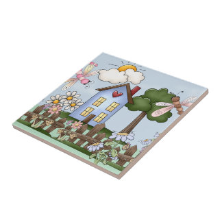 Cute Folk Country House and Picket Fence Art Tile