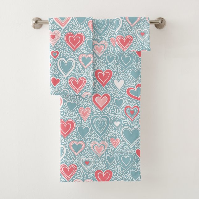  Cute Folk Floral Heart Dusty Blue Blush Pink Girl Bath Towel Set (Insitu)