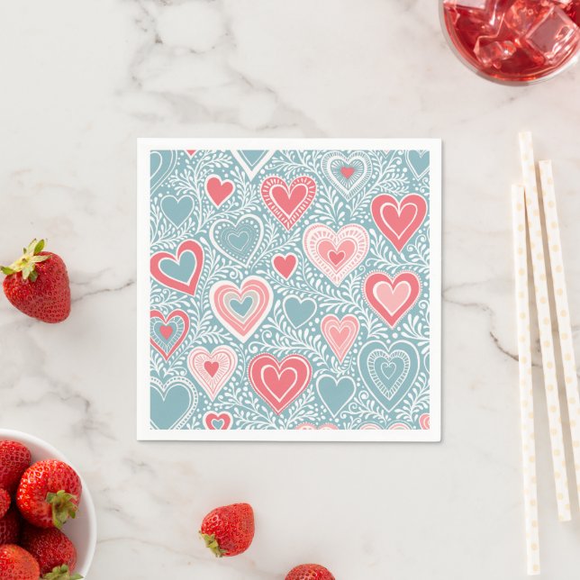  Cute Folk Floral Heart Dusty Blue Blush Pink Girl Napkin (Insitu)