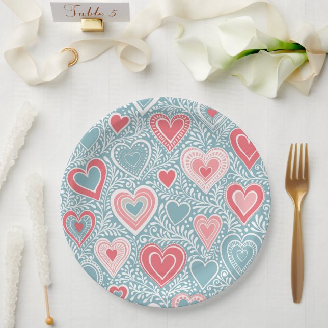  Cute Folk Floral Heart Dusty Blue Blush Pink Girl Paper Plate (Wedding)