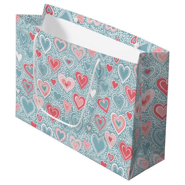 Cute Folk Floral Heart Dusty Blue Pink Baby Shower Large Gift Bag (Front Angled)