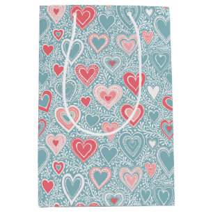 Cute Folk Floral Heart Dusty Blue Pink Baby Shower Medium Gift Bag