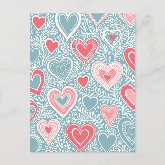 Cute Folk Floral Heart Dusty Blue Pink Baby Shower Postcard (Front)