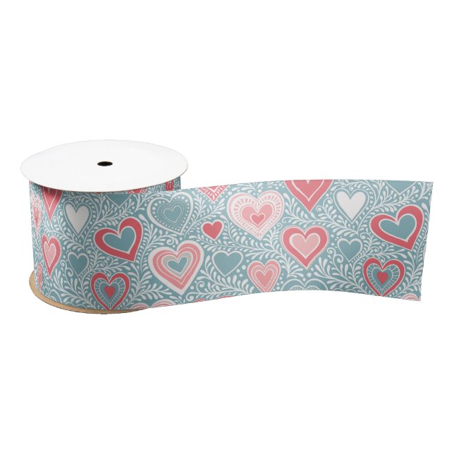 Cute Folk Floral Heart Dusty Blue Pink Baby Shower Satin Ribbon (Spool)