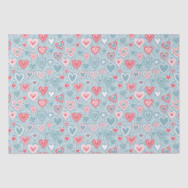 Cute Folk Floral Heart Dusty Blue Pink Baby Shower Tissue Paper (Front)
