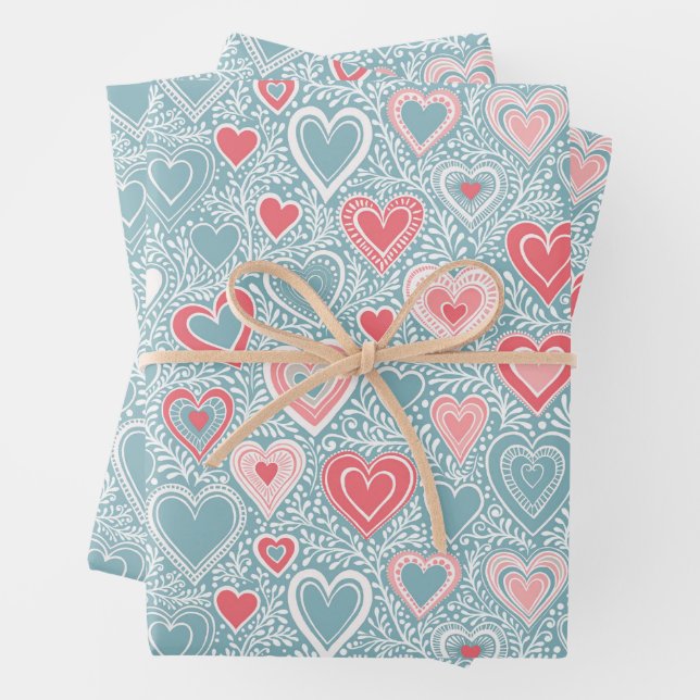 Cute Folk Floral Heart Dusty Blue Pink Baby Shower Wrapping Paper Sheet (In situ)
