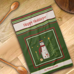 Cute Folk Snowman Personalised Christmas Tea Towel