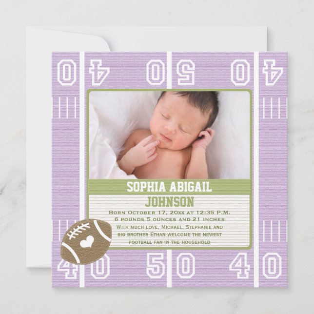 Cute Football Baby Announcement Purple Girl (Front)