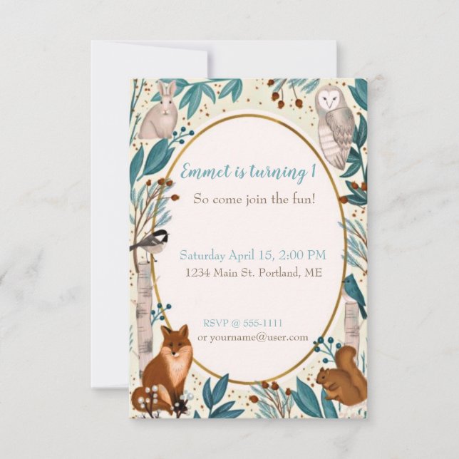 Cute forest animals baby birthday party custom invitation (Front)