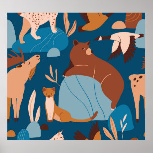 Cute forest animals, dark seamless design. poster