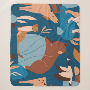 Cute forest animals, dark seamless design. sherpa blanket