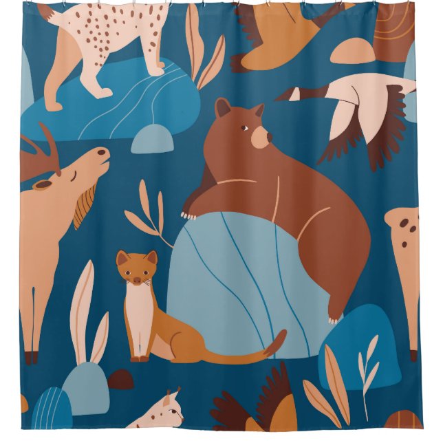 Cute forest animals, dark seamless design. shower curtain (Front)