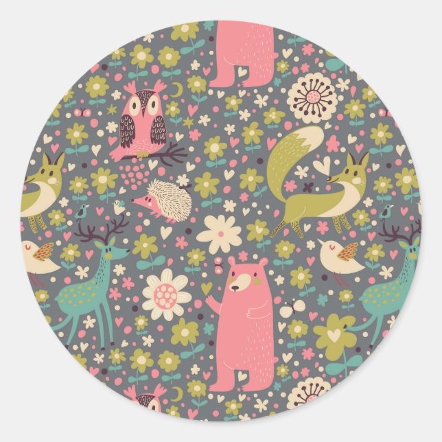 Cute Forest Animals Pattern Classic Round Sticker (Front)