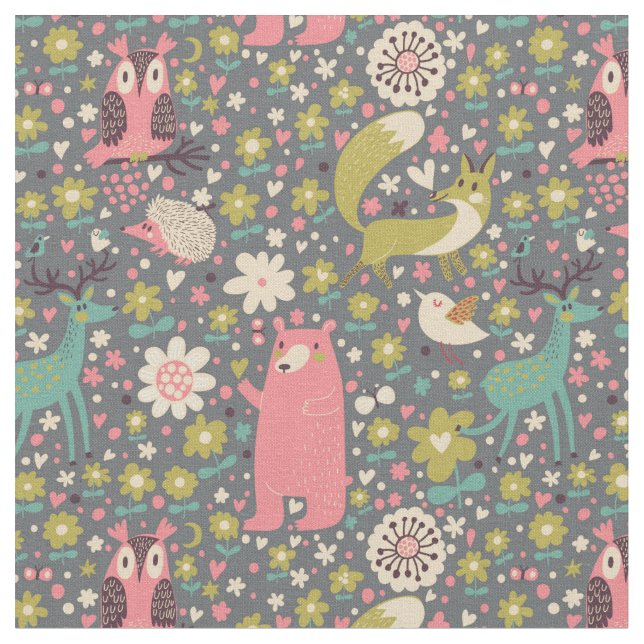 Cute Forest Animals Pattern Fabric (Close Up)