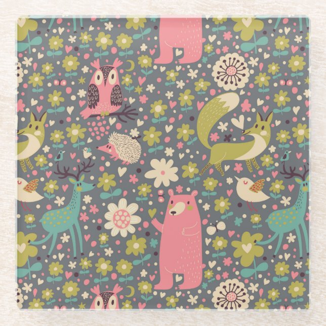 Cute Forest Animals Pattern Glass Coaster (Front)