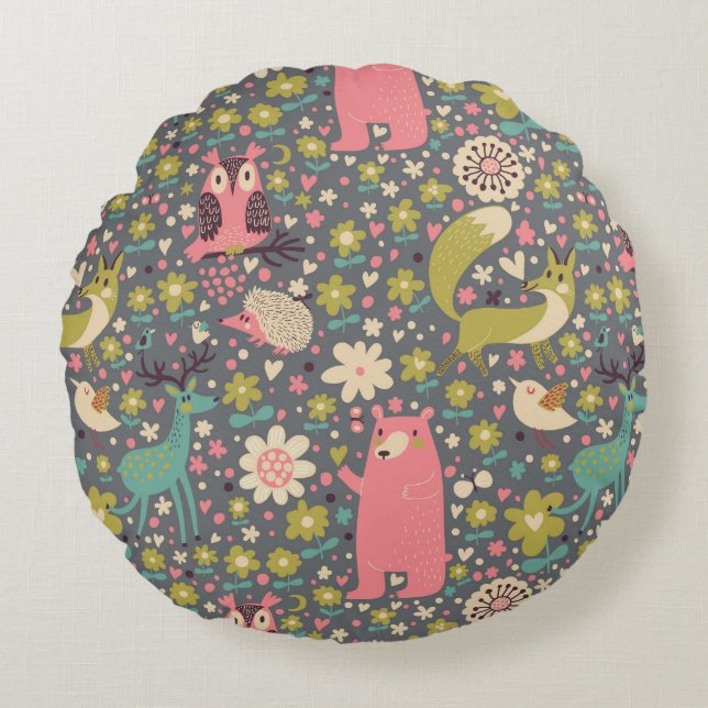 Cute Forest Animals Pattern Round Cushion (Front)