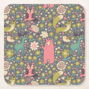 Cute Forest Animals Pattern Square Paper Coaster