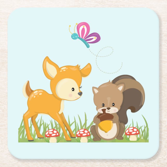 Cute Forest Animals Whimsical Cartoon Square Paper Coaster (Front)