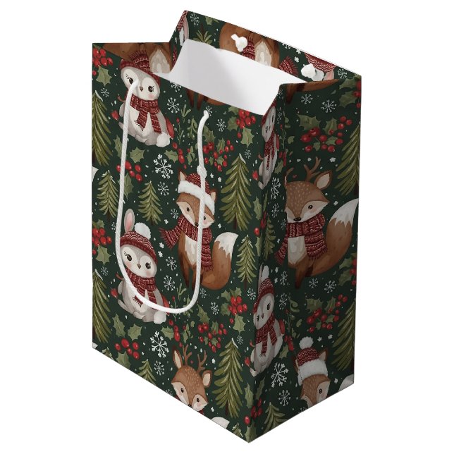 Cute Forest Animals Winter Pattern Medium Gift Bag (Front Angled)