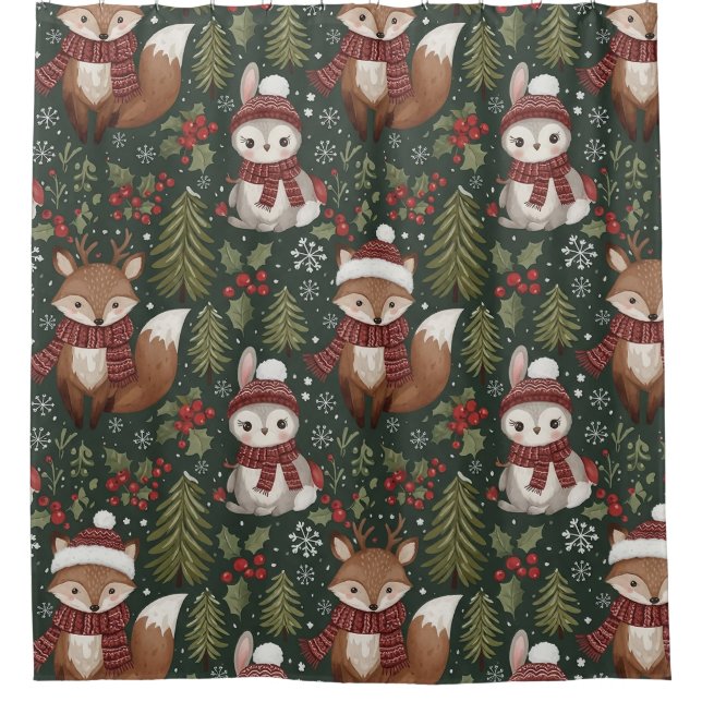 Cute Forest Animals Winter Pattern Shower Curtain (Front)