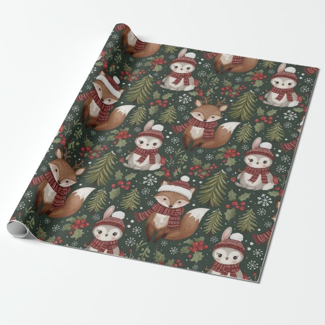 Cute Forest Animals Winter Pattern Wrapping Paper (Unrolled)