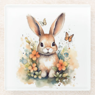 Cute Forest Baby Bunny Nursery Art Glass Coaster