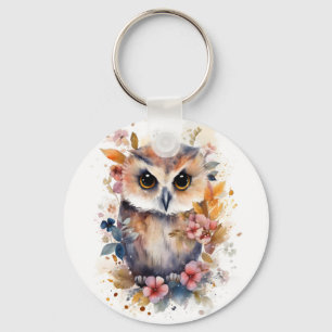 Cute Forest Baby Owl with Flowers for Nursery Key Ring