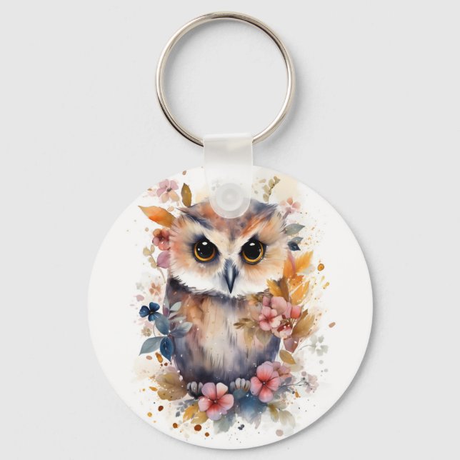 Cute Forest Baby Owl with Flowers for Nursery Key Ring (Front)