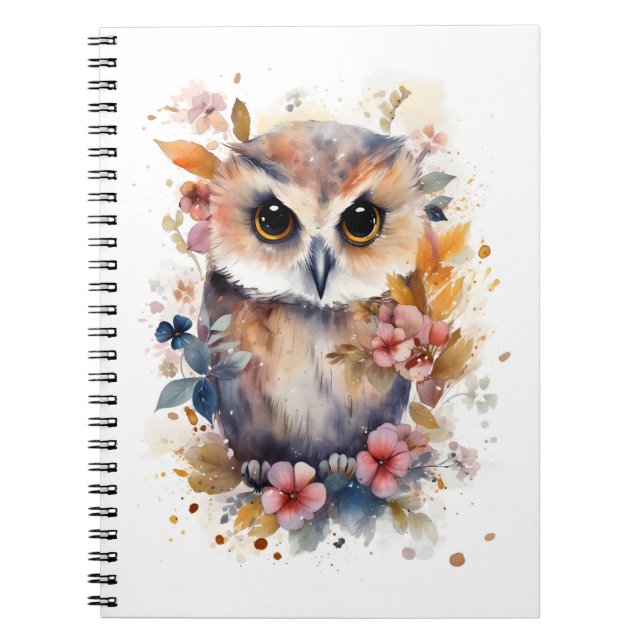 Cute Forest Baby Owl with Flowers for Nursery Notebook (Front)