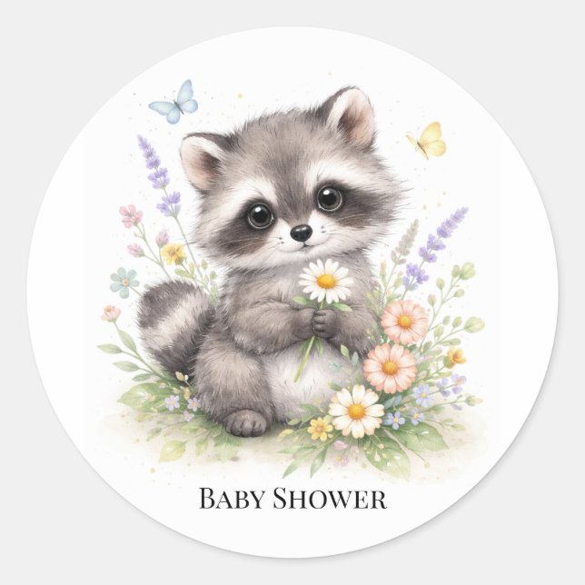 Cute Forest Baby Raccoon Baby Shower  Classic Round Sticker (Front)
