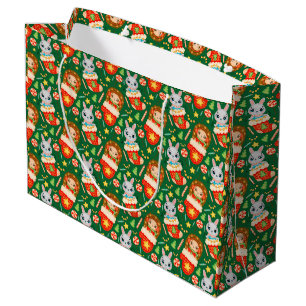 Cute Forest Christmas Animals, Stockings, Mitte Large Gift Bag