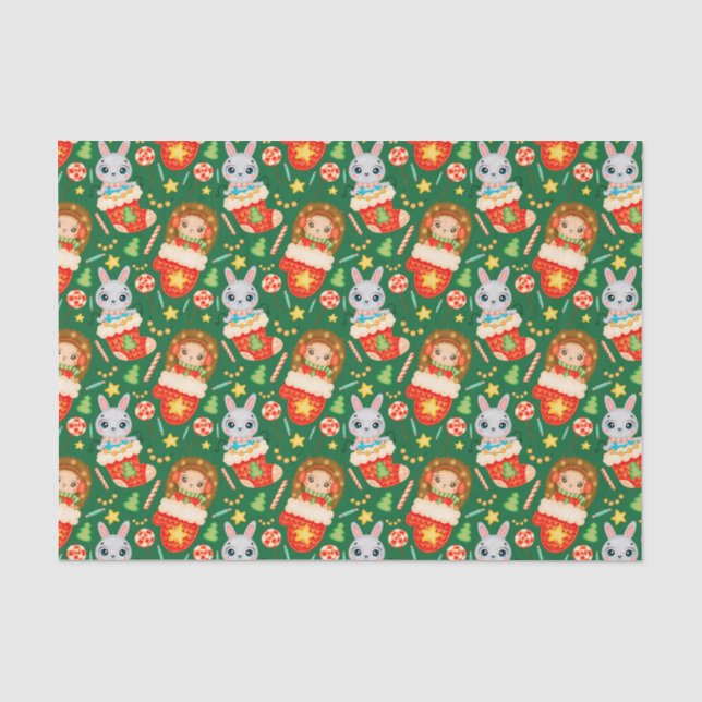 Cute Forest Christmas Animals, Stockings, Mittens Tissue Paper (Front)