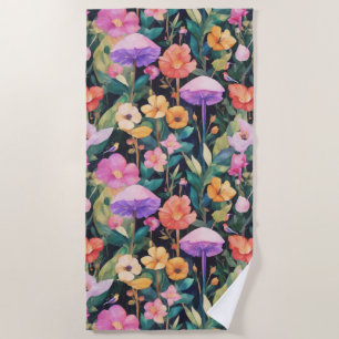 Cute Forest Flower Mushroom Cottagecore Pattern Beach Towel