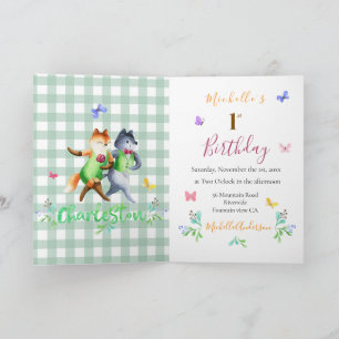 Cute Forest Foxes Green Gingham 1st Birthday  Invitation