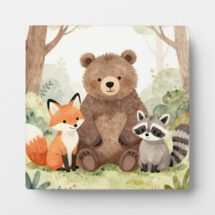 Cute Forest Friends Bear Fox Raccoon Watercolor Plaque