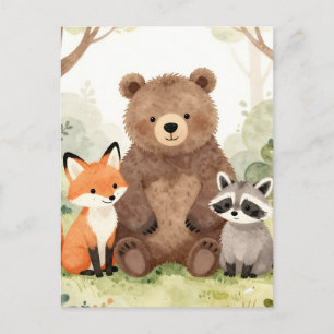 Cute Forest Friends Bear Fox Raccoon Watercolor Postcard