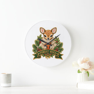 Cute Forest Hugs Baby Deer Holiday Large Clock