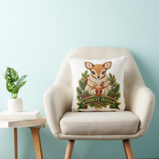 Cute Forest Hugs Baby Deer Holiday Throw Pillow